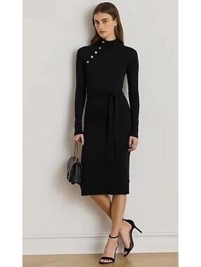 New Lauren Ralph Lauren Button-Trim Rib-Knit Mock Neck Dress In Black Size L